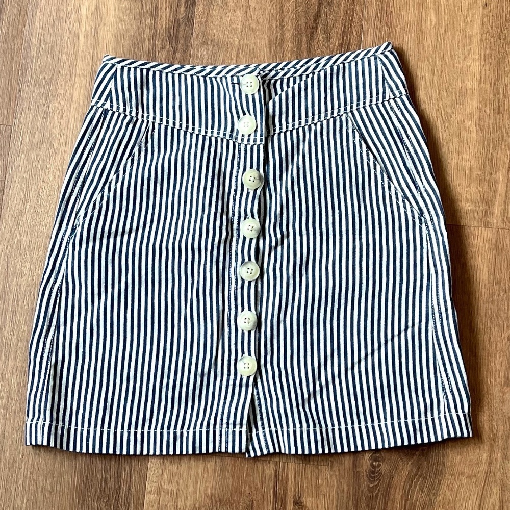Rag Poets Blue White Stripe Linen/Cotton Button Down Skirt Sz XS